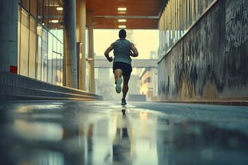 Fototapeta premium Runner on Wet Track in the City