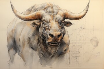A beautifully-drawn illustration depicting a powerful bull with remarkably large and eye-catching horns, Detailed sketch of bullish stock market graph, AI Generated