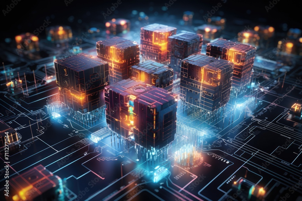 Poster an organized arrangement of assorted cubes resting atop a circuit board, digital rendering of quantu