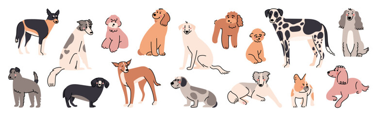 Set of cute dogs clipart vector. Lovely dog and friendly puppy doodle pattern in different poses and breeds with flat color. Adorable funny pet and many characters hand drawn collection. - obrazy, fototapety, plakaty
