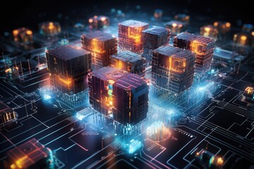An organized arrangement of assorted cubes resting atop a circuit board, Digital rendering of quantum computing processes, AI Generated