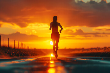 Woman Running Down the Road at Sunset with Beautiful Backdrop - obrazy, fototapety, plakaty