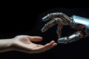 A robot hand reaches for a human hand on black background, Artificial intelligence, Future technology and communication concept. Generative AI.