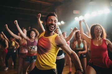A vibrant group of individuals dancing enthusiastically in a dance studio, Energetic zumba class...