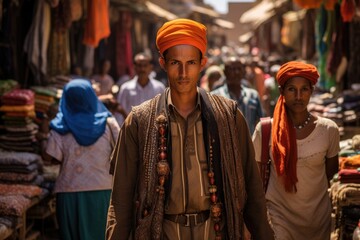 Fototapeta premium A man wearing an orange turban walks confidently through a bustling market, Ethnic clothing in a busy marketplace setting, AI Generated
