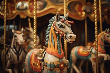 Fototapeta na wymiar A detailed, close-up image of a merry go round with beautifully crafted horse figures, ready for a fun ride at an amusement park, Exotic animals on vintage carousel, AI Generated