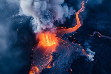 erupting volcano aerial view