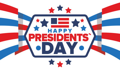 Happy Presidents day in United States. Washington's Birthday. Federal holiday in America. Celebrated in February. Patriotic american elements. Poster, banner and background. Vector illustration