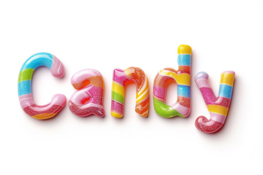 Colorful candy letters spelling the word CANDY isolated on a white background, suitable for confectionery and dessert-themed designs