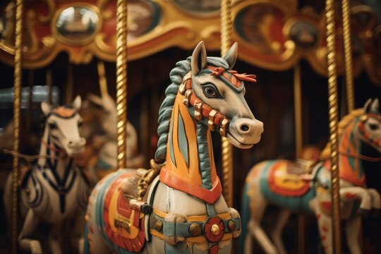 A detailed, close-up image of a merry go round with beautifully crafted horse figures, ready for a fun ride at an amusement park, Exotic animals on vintage carousel, AI Generated