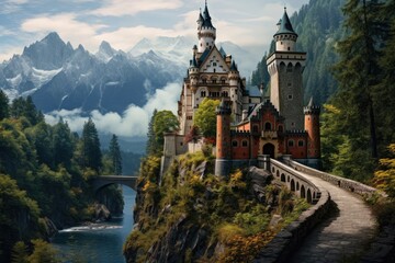 Fototapeta na wymiar This picturesque painting portrays a stunning castle nestled amidst the breathtaking mountain landscape, Fairytale like castle in the Bavarian mountains, Germany, AI Generated