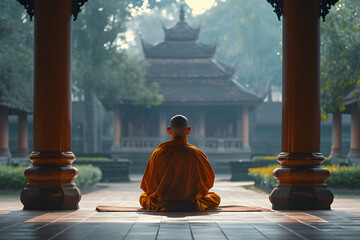 Serene Monk Sitting in an Ancient Temple - obrazy, fototapety, plakaty