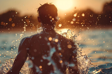 Fototapeta na wymiar Man Standing Against a Sunset with Water Splashing