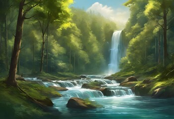 AI generated illustration of a waterfall cascading down a rocky terrain, enveloped by green trees