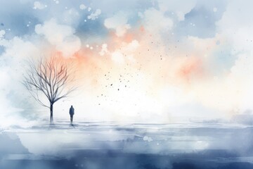 A man standing amidst a winter landscape, next to a tree covered in fresh snow, Feeling of solitude illustrated through an abstract winter landscape, AI Generated