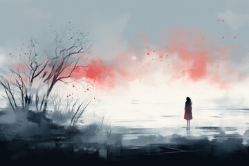 A captivating painting of a woman in a red dress peacefully observing the serenity of a vast body of water, Feeling of solitude illustrated through an abstract winter landscape, AI Generated - obrazy, fototapety, plakaty