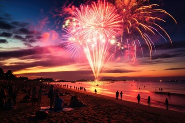 Fototapeta na wymiar Witness the stunning fireworks choreography as they light up the beach, captivating spectators with their dazzling brilliance, Fireworks display at a beach during a summer festival, AI Generated