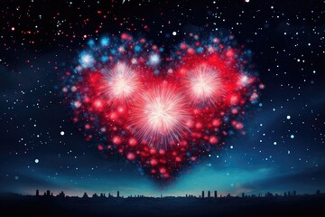 A spectacular display of red heart shaped fireworks illuminating the dark night, Fireworks forming the shape of hearts on a starry night, AI Generated