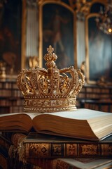 The golden crown lies on a pile of books in the royal chamber. Generative AI. - obrazy, fototapety, plakaty