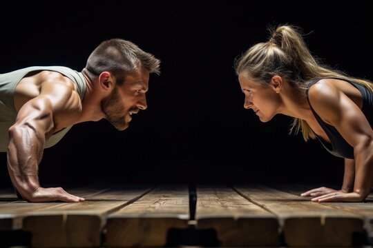 A man and woman demonstrate their strength and endurance by executing push ups in front of an audience on a stage, Fit couple challenging each other to a plank contest, AI Generated