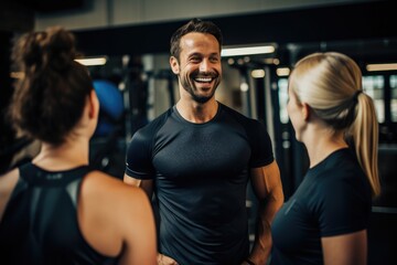 Fototapeta na wymiar A man with a smile on his face stands confidently in front of a group of women, Fitness trainer encouraging clients during a workout, AI Generated