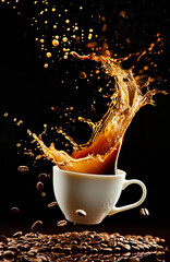 Coffee cup with splashes and coffee beans flying in the air on a dark background