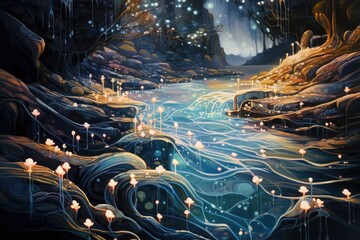 A beautiful painting showcasing a serene stream of water flowing through a lush forest, Flowing river of glittering gems, AI Generated