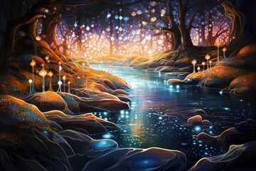 This beautiful painting captures the serenity of a stream flowing through a lush forest, offering a peaceful and calming nature scene, Flowing river of glittering gems, AI Generated
