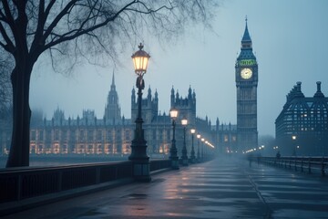 The iconic Big Ben clock tower dominates the London city skyline with its majestic presence, Foggy morning in London with the iconic Big Ben in background, AI Generated