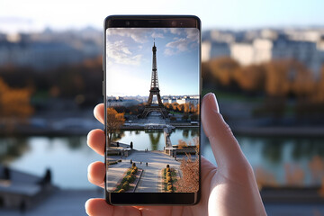 Generative AI Image of Hand Holding a Cell Phone with Picture of Eiffel Tower in Paris