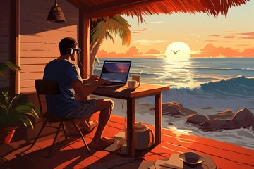A man sitting at a wooden table, focused on his laptop computer as he works and conducts research, Freelancer working remotely from a beach house, AI Generated
