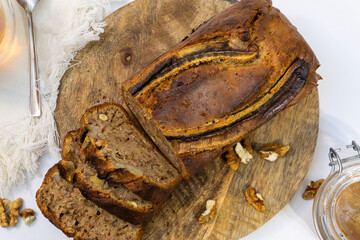 Homemade banana bread with walnuts. Loafs.