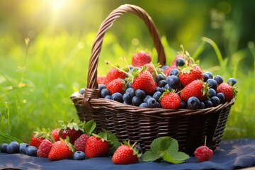 A picturesque scene of a basket filled with strawberries and blueberries resting on a cozy blanket outdoors, Fresh organic berries in a basket on the grass, AI Generated - Powered by Adobe