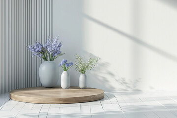Vase and flowers wooden podium, Generative Ai
