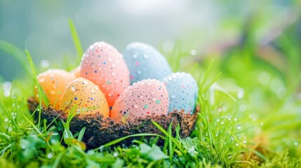 colorful eggs inside the nest in the garden, Easter celebration