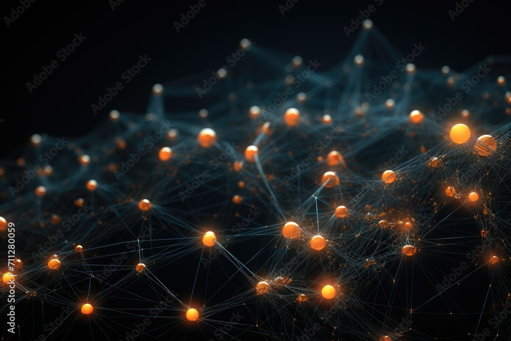 Poster network of orange balls on black background, connectivity and community concept, futuristic visualiz