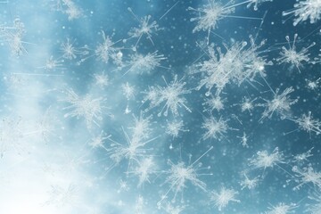 A stunning snowflake stands out in the middle of a serene blue sky, creating a striking winter scene, Frozen in time: A flurry of abstract snowflakes falling, AI Generated