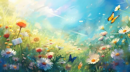 Obraz na płótnie Canvas sunshine spring summer background illustration flowers greenery, vibrant refreshing, warmth nature sunshine spring summer background