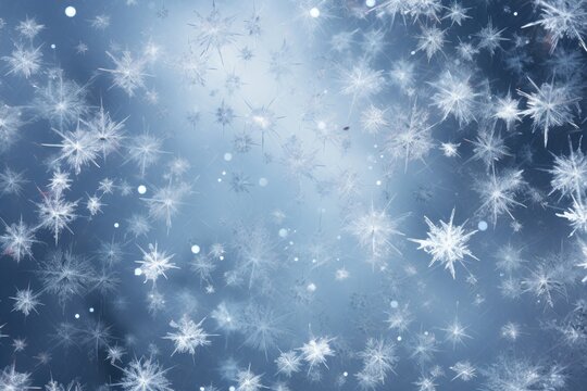 Mesmerizing image of snow flakes gently falling against a serene blue background, creating a serene winter ambiance, Frozen in time: A flurry of abstract snowflakes falling, AI Generated
