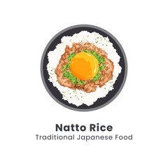 Vector illustration of rice with natto in a bowl, natto is soy beans fermented with Bacillus subtilis, isolated on white background