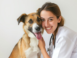 Smiling girl veterinarian and a large dog in a veterinary clinic in a friendly embrace looking into the camera on a white background.