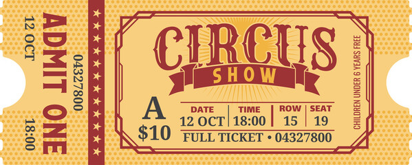 Circus show admit one retro ticket, big top tent - obrazy, fototapety, plakaty