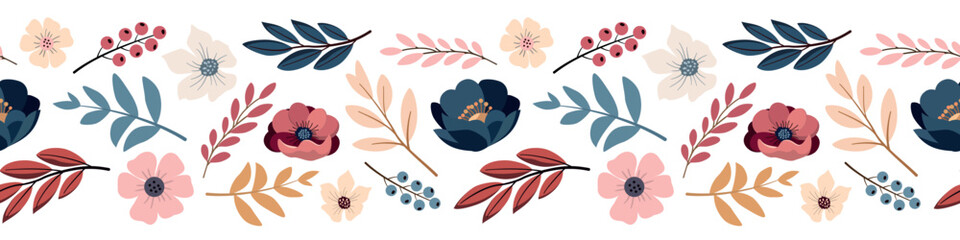Spring romantic flowers, leaves, and berries seamless border pattern. Isolated on white background. Colorful garden flowers. Design for banner © Alex_Zakharov