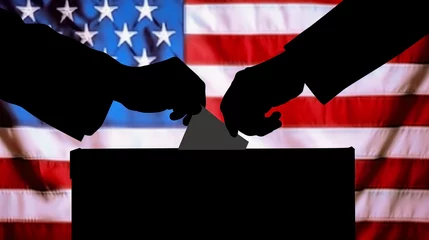 Foto op Plexiglas Presidential election campaign silhouette united states flag vote poll polling voting republican democrat station right left far 2024 november contest state american politics incumbent america  © The Stock Image Bank