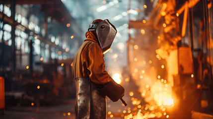 Man in protective suit in metal smelting shop, foundry metal splashing