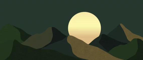 Poster Abstract mountain background vector. Watercolor oriental style, landscape, hills, moon with gold, dots, lines texture. Nature illustration design for home decor, wallpaper, prints. © TWINS DESIGN STUDIO