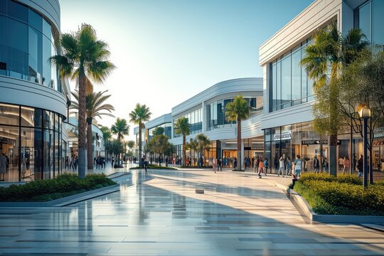 Outside the modern shopping center. Generative AI.