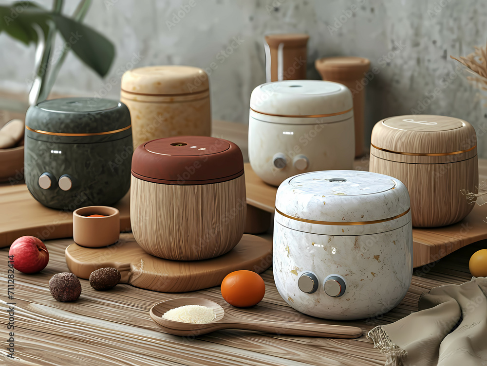 Poster a sketch showing designs of electric cooker, a group of round containers with knobs and buttons
