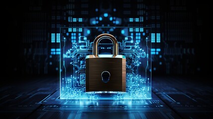 Computer screen with virtual lock padlock symbolizing cybersecurity and data protection