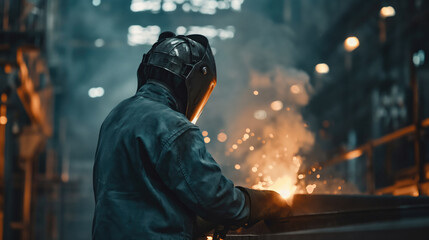 Fototapeta premium Man in protective suit in metal smelting shop, foundry metal splashing